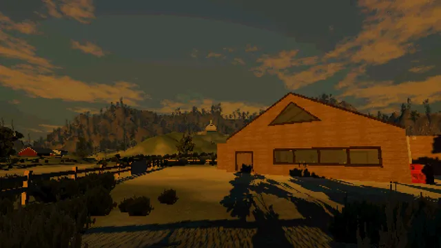 Sagebrush screenshot: a low-poly wooden hall on the ranch at dusk, with a fence and a dirt yard
