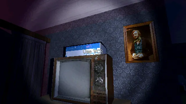 Sagebrush screenshot: an old television and VCR in a wallpapered room, under a framed portrait of a bearded man