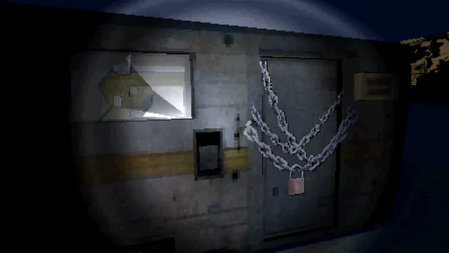 Sagebrush screenshot: a metal door chained and padlocked in a flashlight beam