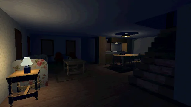 Sagebrush screenshot: a dark living room with a lit lamp on a side table and stairs