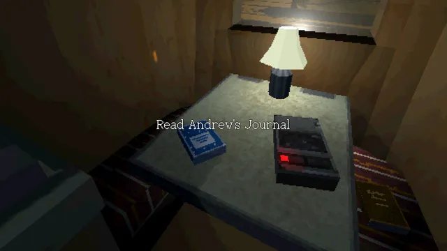 Sagebrush screenshot: a journal and a tape recorder under a lamp, with the prompt Read Andrew's Journal