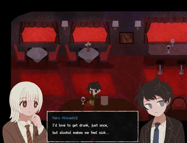 Saihate Station screenshot: Haru and Shion talk in a red-lit dining car
