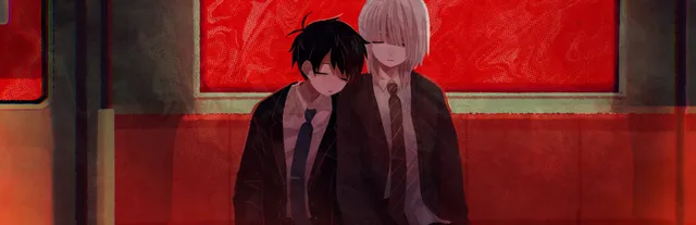 Saihate Station key art: Haru asleep on Shion's shoulder on a red train seat