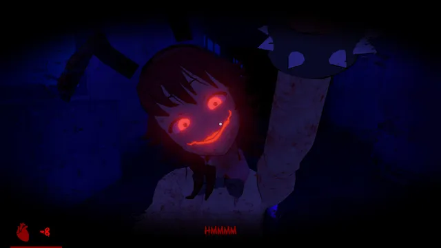 Saiko leaning over the camera with glowing red eyes and a wide grin