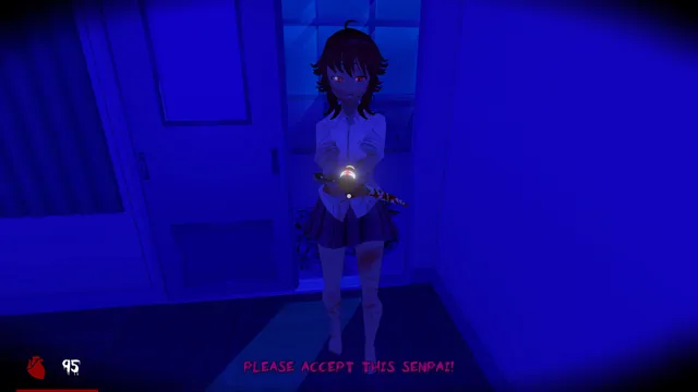 Saiko standing in a dark blue school corridor holding a knife, saying: Please accept this senpai