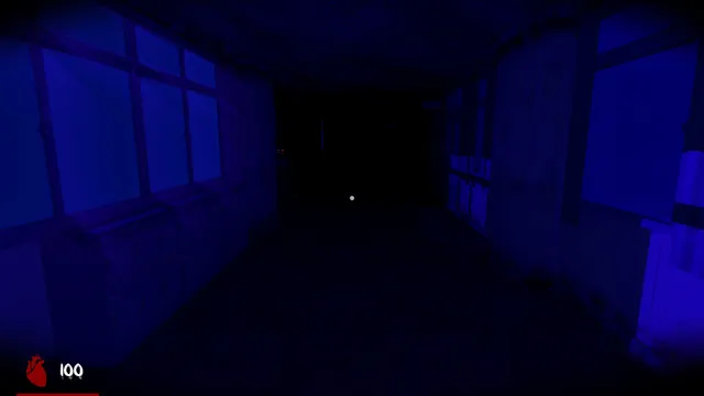 A pitch-dark school corridor lined with windows and lockers