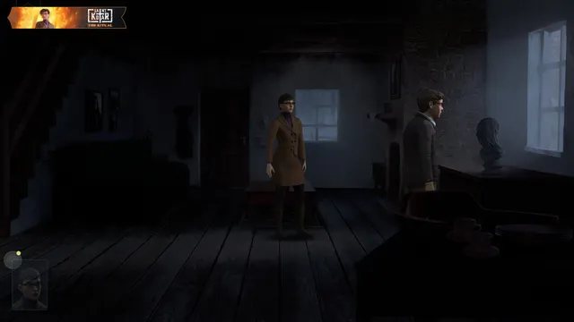 Saint Kotar screenshot: a woman in a long coat and a young man in a dim wooden room with a stone bust by the window