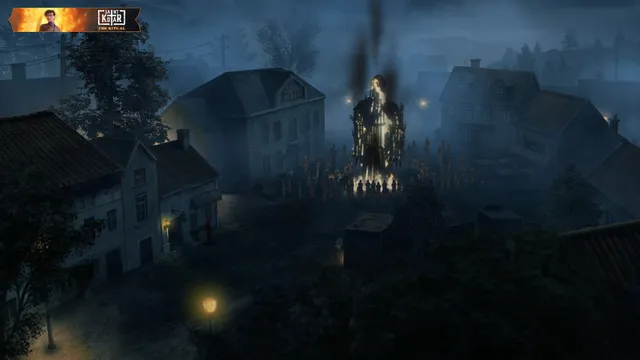 Saint Kotar screenshot: a crowd gathers around a burning effigy in the square of a misty village at night