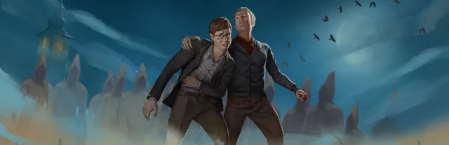 Saint Kotar key art: a bloodied man in glasses leans on a companion before hooded figures, a church tower and crows under a full moon