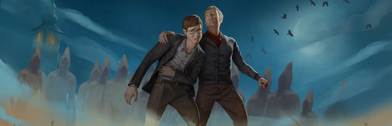 Saint Kotar key art: a bloodied man in glasses leans on a companion before hooded figures, a church tower and crows under a full moon
