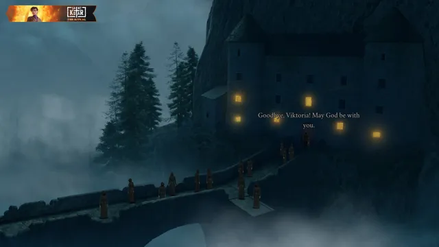 Saint Kotar screenshot: hooded figures line a stone bridge to a castle in the fog at night