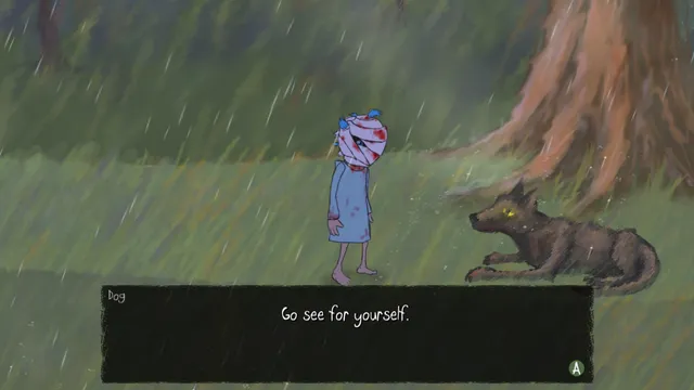 Sally Face screenshot: a small figure in bloody bandages and a hospital gown in a rainy forest facing a dark dog with yellow eyes