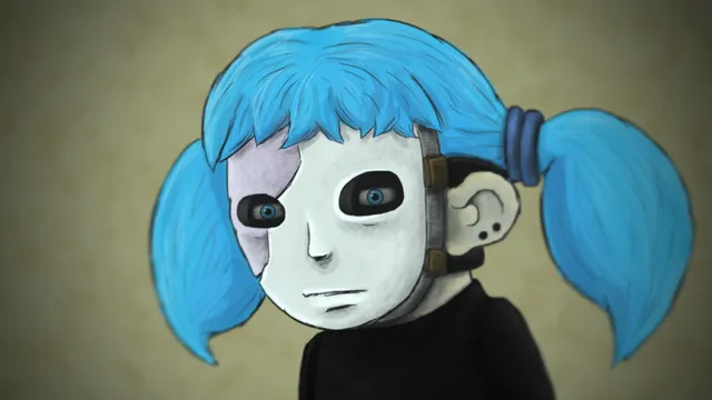 Sally Face screenshot: close-up of Sal with blue pigtails and his white prosthetic face strapped on