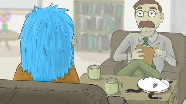 Sally Face screenshot: Sal, seen from behind with long blue hair, sits across from a therapist with a clipboard, his prosthetic face mask on the table