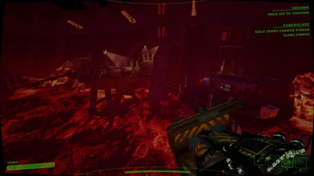 Salvage Protocol screenshot: a first-person view holding a flashlight in a misty green greenhouse dome of giant low-poly trees and walkways