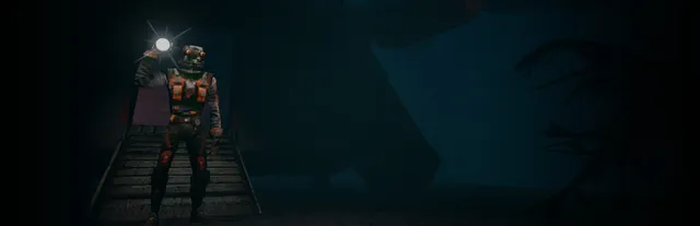 Salvage Protocol key art: a scrap worker in an orange-strapped suit and gas-mask helmet holds up a bright flashlight at the top of metal stairs, while clawed shadows reach out of the dark