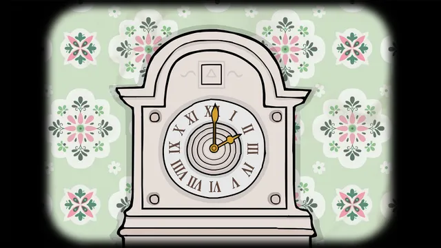 Samsara Room screenshot: close-up of a pale grandfather clock face with Roman numerals and a triangle symbol above it