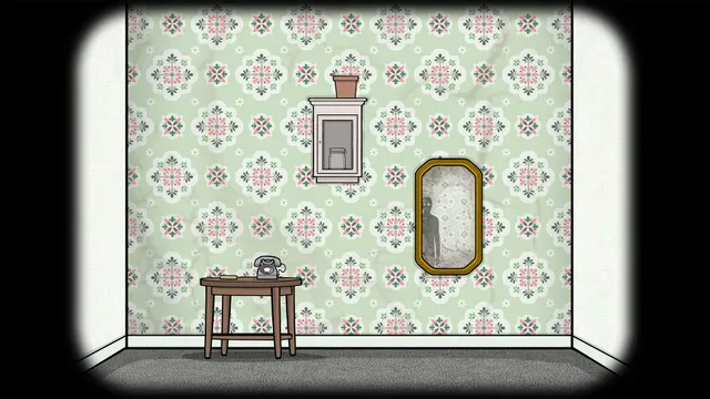 Samsara Room screenshot: a room with green floral wallpaper, a telephone on a small table, a wall cabinet with a jar, and a gold mirror holding a dark figure