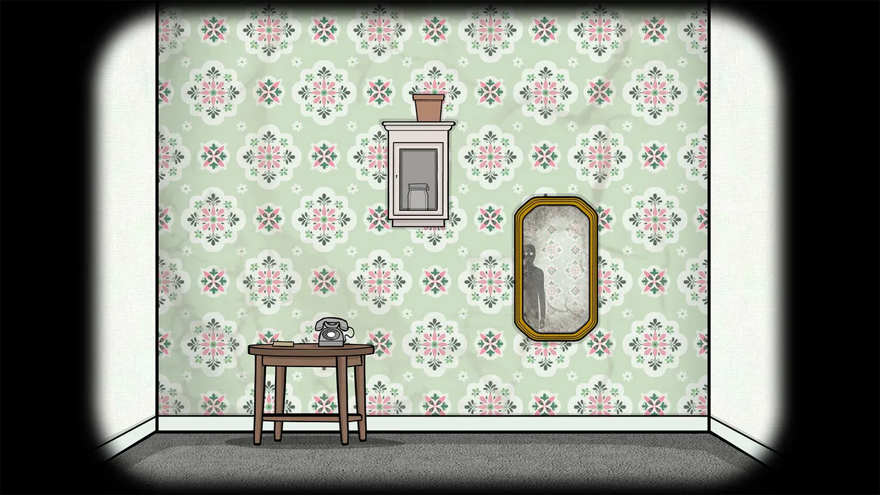 Samsara Room screenshot: a room with green floral wallpaper, a telephone on a small table, a wall cabinet with a jar, and a gold mirror holding a dark figure