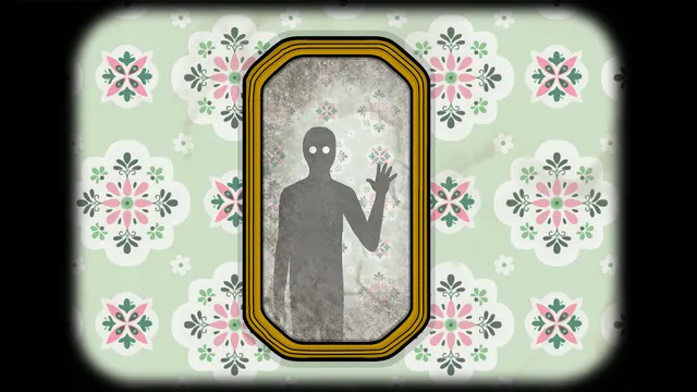 Samsara Room screenshot: close-up of the gold mirror, where a dark shadow figure with white eyes raises a hand
