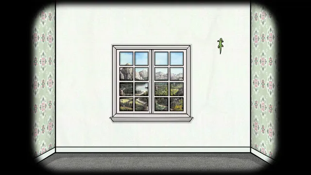 Samsara Room screenshot: a white wall with a window onto a painted landscape of mountains, a lake and a mill, and a green lizard on the wall