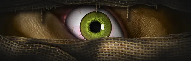 Sanitarium key art: a single green eye staring out between strips of rough bandage