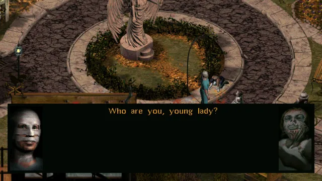 The asylum garden with a winged statue as a bandaged face asks: Who are you, young lady?