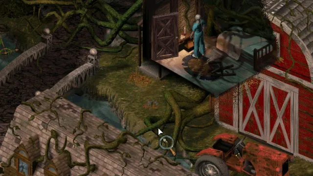 A farm overgrown with twisted roots, a bandaged man by the barn door
