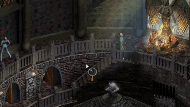 An isometric hall of the asylum with stone balconies, patients in blue and a burning altar beneath a winged statue