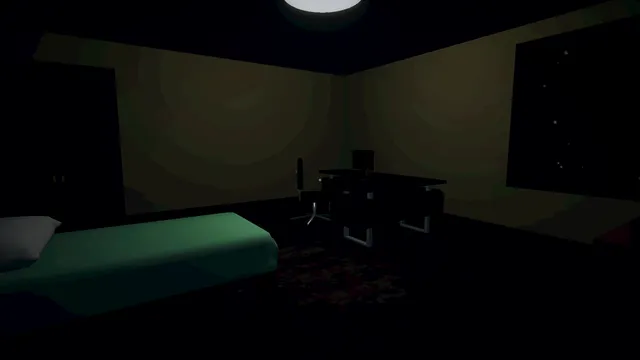 Santy is Home screenshot: a dim bedroom with a green bed and a desk under a ceiling light