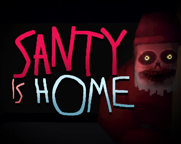 Santy is Home cover: a grinning Santa-like figure with glowing yellow eyes, sharp teeth and a red hat beside the scrawled title