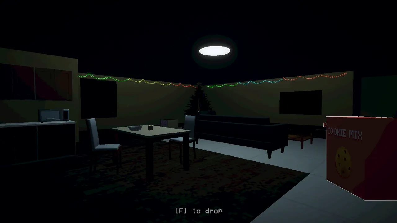 Santy is Home screenshot: a dark living room with string lights and a Christmas tree as you carry a box of cookie mix
