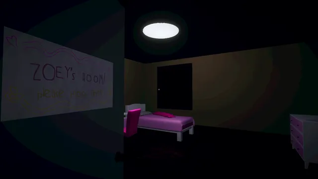 Santy is Home screenshot: an empty child's bedroom with a pink bed behind a door sign reading Zoey's Room