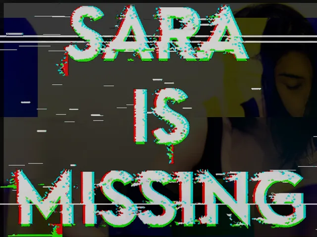 Sara is Missing title art: glitched white letters over a distorted image of a woman