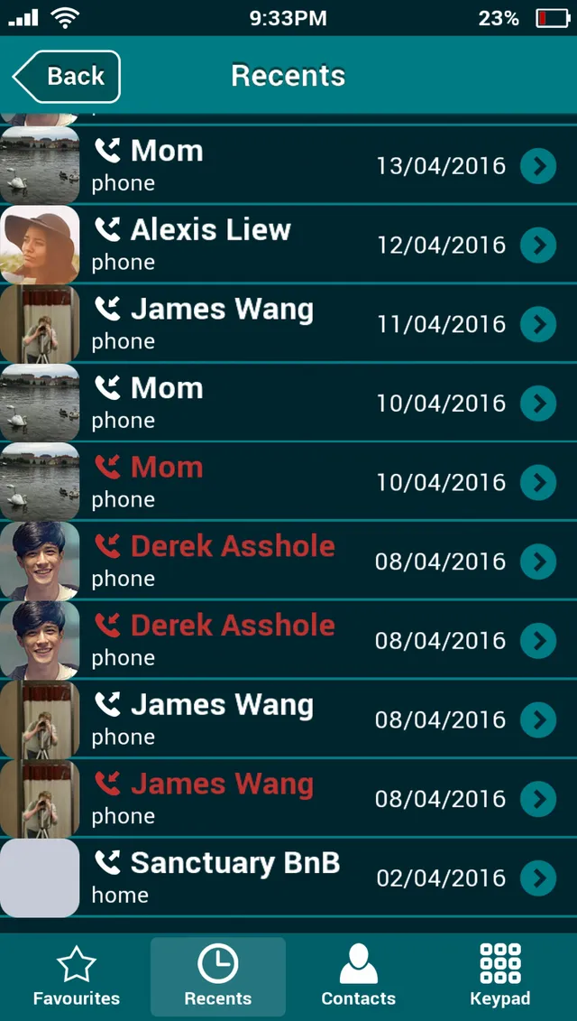 The phone's recent calls list, with missed calls from Mom, Derek and James Wang