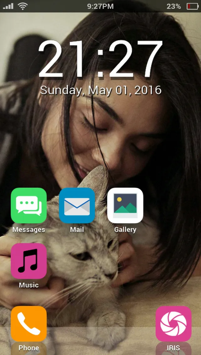 The phone's lock screen at 21:27 with a photo of a woman hugging a cat, and app icons for Messages, Mail, Gallery, Music, Phone and IRIS