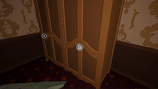Satiety screenshot: a close view of a tall wooden wardrobe with an F prompt on its handle to interact