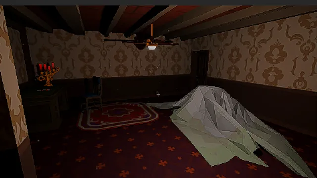 Satiety screenshot: a dim mansion room with damask wallpaper, a ceiling fan, red candles on a desk and a pale sheet draped over something on the carpet