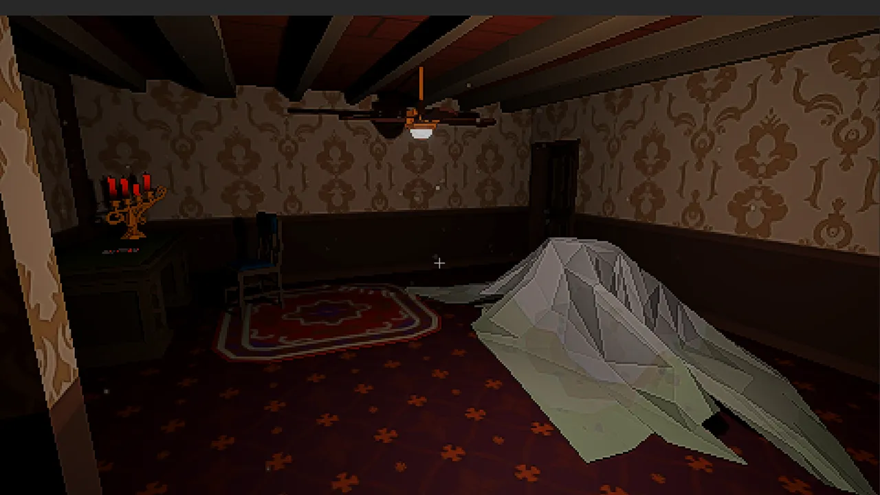 Satiety screenshot: a dim mansion room with damask wallpaper, a ceiling fan, red candles on a desk and a pale sheet draped over something on the carpet