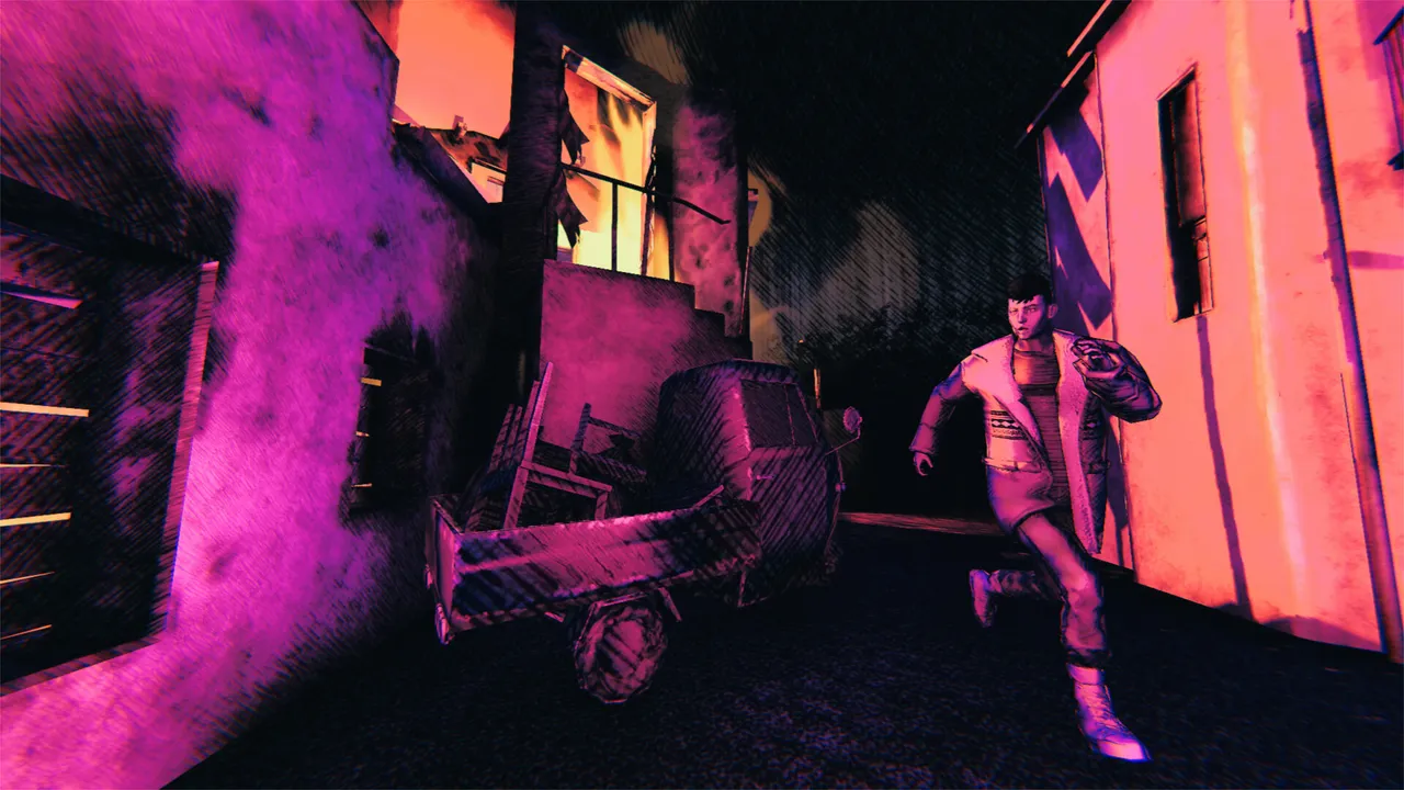 A man in a light jacket runs through a narrow village street past a burning window, in saturated pink and orange