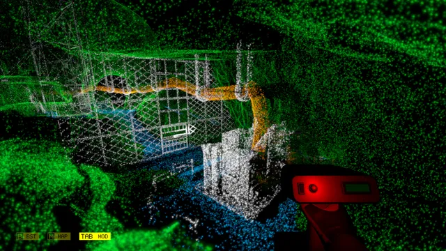 Old scaffolding and pipes in a cave, revealed in white, orange and green dots by the scanner
