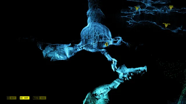 The in-game map: a pale blue point-cloud model of scanned cave tunnels floating in black