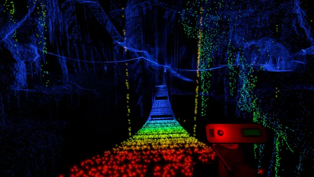 A rope bridge scanned in rainbow dots stretching into a blue cavern, with the red scanner held in the player's hand