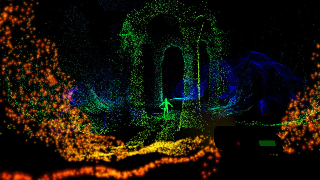 A cave chamber drawn in coloured LIDAR dots: green stone arches, a small human figure and orange dots across the floor in the dark