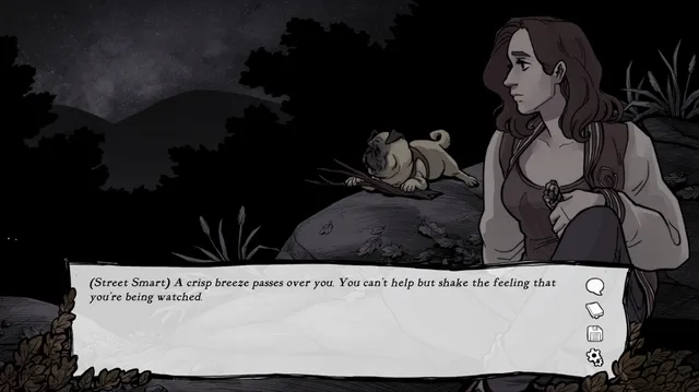 Scarlet Hollow: a young woman and a pug sit on rocks in a dark forest at night as the text says you feel you are being watched