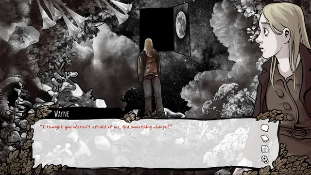 Scarlet Hollow: a frightened blonde woman watches a faceless figure called Wayne standing before an open door to a starry sky