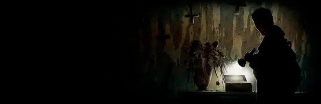 Scauage key art: a silhouetted scavenger points a flashlight at a dusty table with dried flowers under a cross on peeling wallpaper