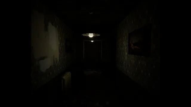 Scauage: a long dark hallway with peeling patterned wallpaper and a ceiling lamp at the end