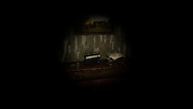 Scauage: an old radio on a dresser under a painting in the flashlight beam