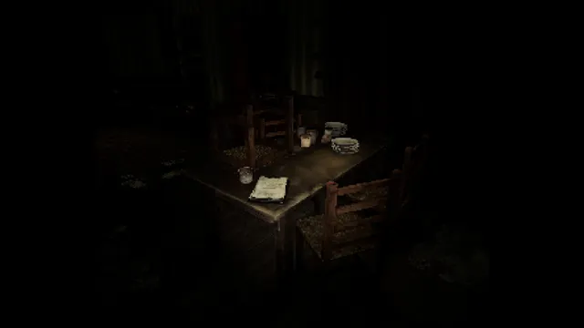 Scauage: a kitchen table with chairs and plates in a dark room lit by the flashlight